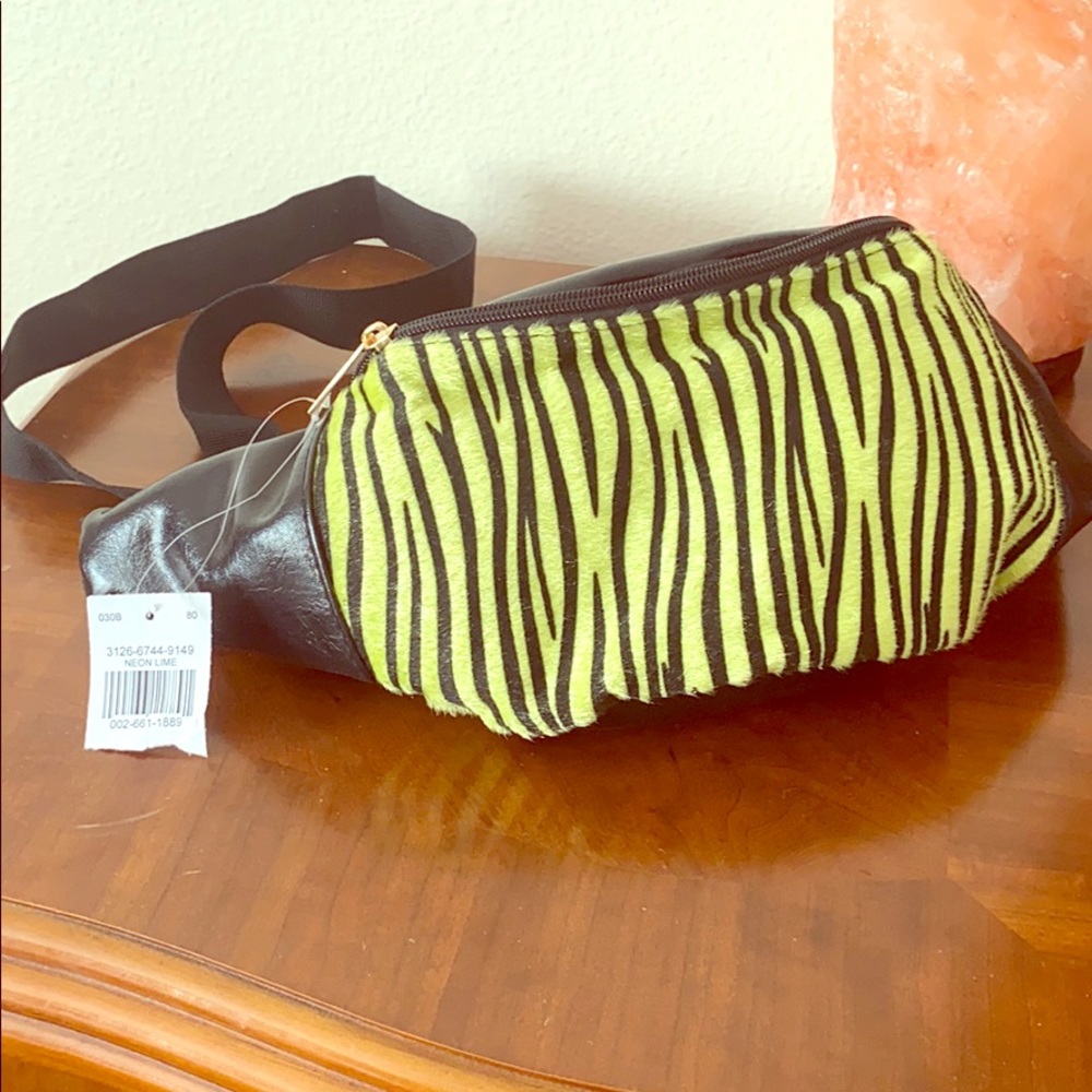 Faux leather zebra striped neon green pouch
